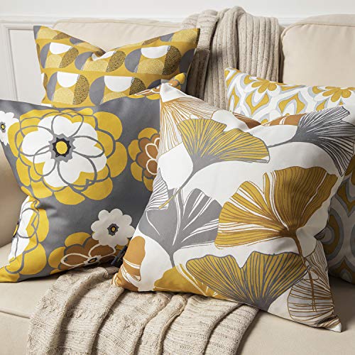 Phantoscope Set Of 4 New Living Series Ginkgo Double Side Print Decorative Throw Pillow Case Cushion Cover, Yellow And Grey, 18 X 18 Inches, 45 X 45 Cm #TOP3