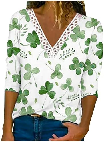 St. Patricks Day Shirt Women's Lace V-Neck Long Sleeve T-Shirt Cute Irish Shamrock Blouse Loose Casual Clover Tee Tops