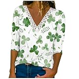 St. Patricks Day Shirt Women's Lace V-Neck Long Sleeve T-Shirt Cute Irish Shamrock Blouse Loose Casu