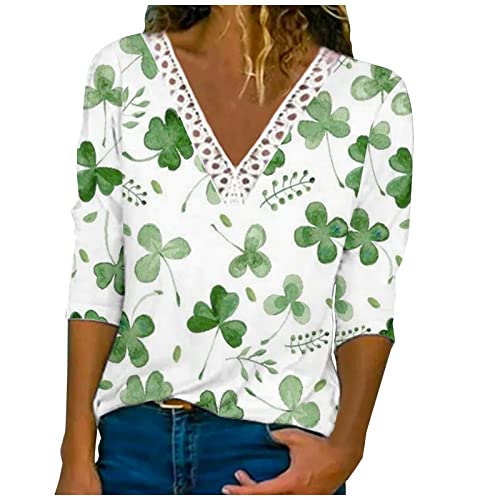 St. Patricks Day Shirt Women's Lace V-Neck Long Sleeve T-Shirt Cute Irish Shamrock Blouse Loose Casual Clover Tee Tops #TOP14