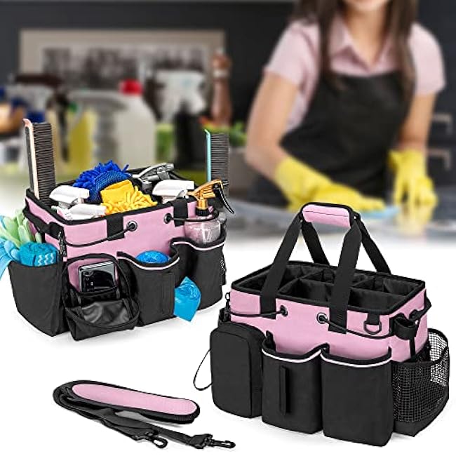 LoDrid Large Professional Cleaning Caddy with Detachable Divider, Supply Organizer with Handle and Shoulder Strap, Cleaning Bags for Housekeepers & Cleaners, Pink