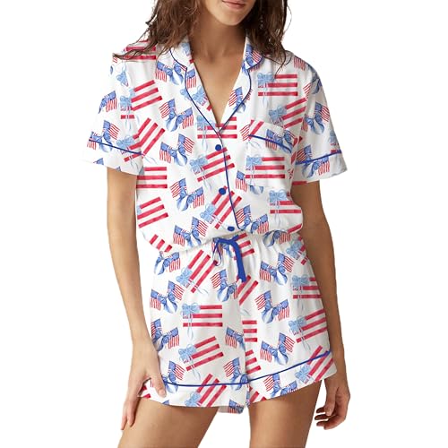 Image of Women Easter Pajamas Set Cute Bunny Button Down Shirt and Shorts 2 Piece Pj Set Y2K Easter Outfits