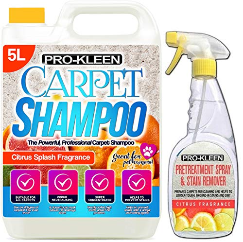 Pro Kleen 5 Litres Professional Extraction Citrus Concentrate Carpet Shampoo With 750ml Citrus Stain Remover & Pre Treatment Spray