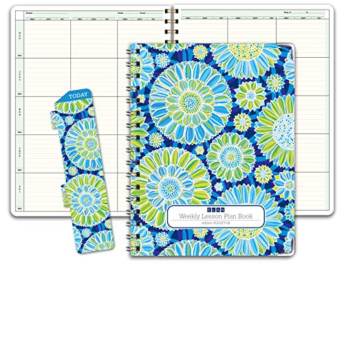 Elan Publishing Company Hardcover 6 Period Teacher Lesson Plan - Days Vertically Down The Side With Bonus Clip-In Bookmark (Blue Green Flowers) #TOP20