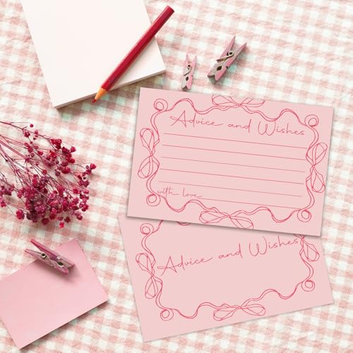 Pink bow Advice and Wishes Cards, Double-sided Blank Cards Suitable for Wedding Reception, Bridal Showers, Mr and Mrs, Baby Shower, Graduation, Pack of 25-05