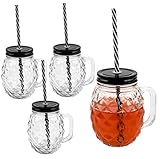 3D Ananas Glas Trinkglas mit Deckel und stabilem Strohhalm 450ml 4er-Set