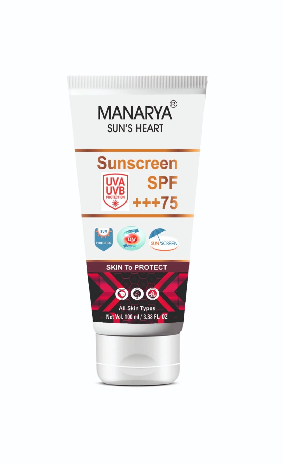 Manarya Sun's Heart Sunscreen SPF 75+++ - Broad Spectrum UVA/UVB Protection - 100 ml