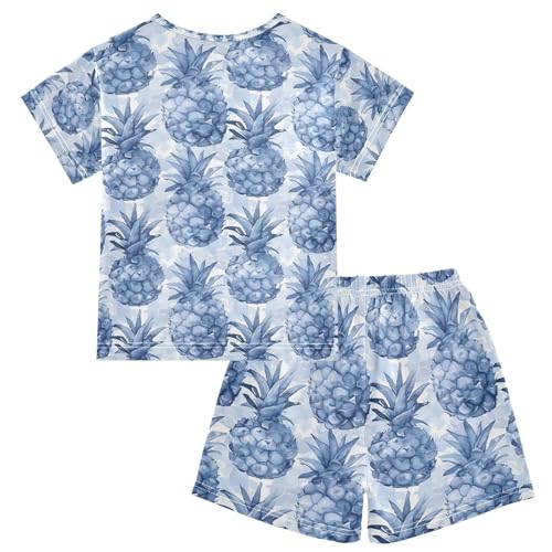 ALAZA Blue Watercolor Pineapple Pajamas Set Short Sleeve Cotton Sleepwear Summer Pjs 2 Piece 5-14Y2
