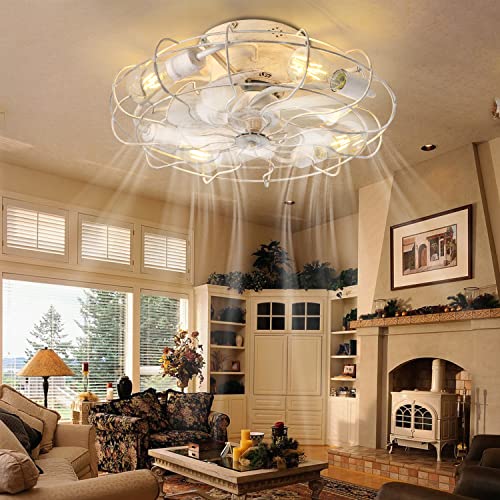 Small Rustic Rust Beige Caged Ceiling Fan With Lights And Remote , 7 Retro Wood Abs Blades, 5 E26 Warm Bulbs Included, Indoor Multi-Speed Reversible 20" Low Profile Enclosed Mid-Century Fan Light #TOP3