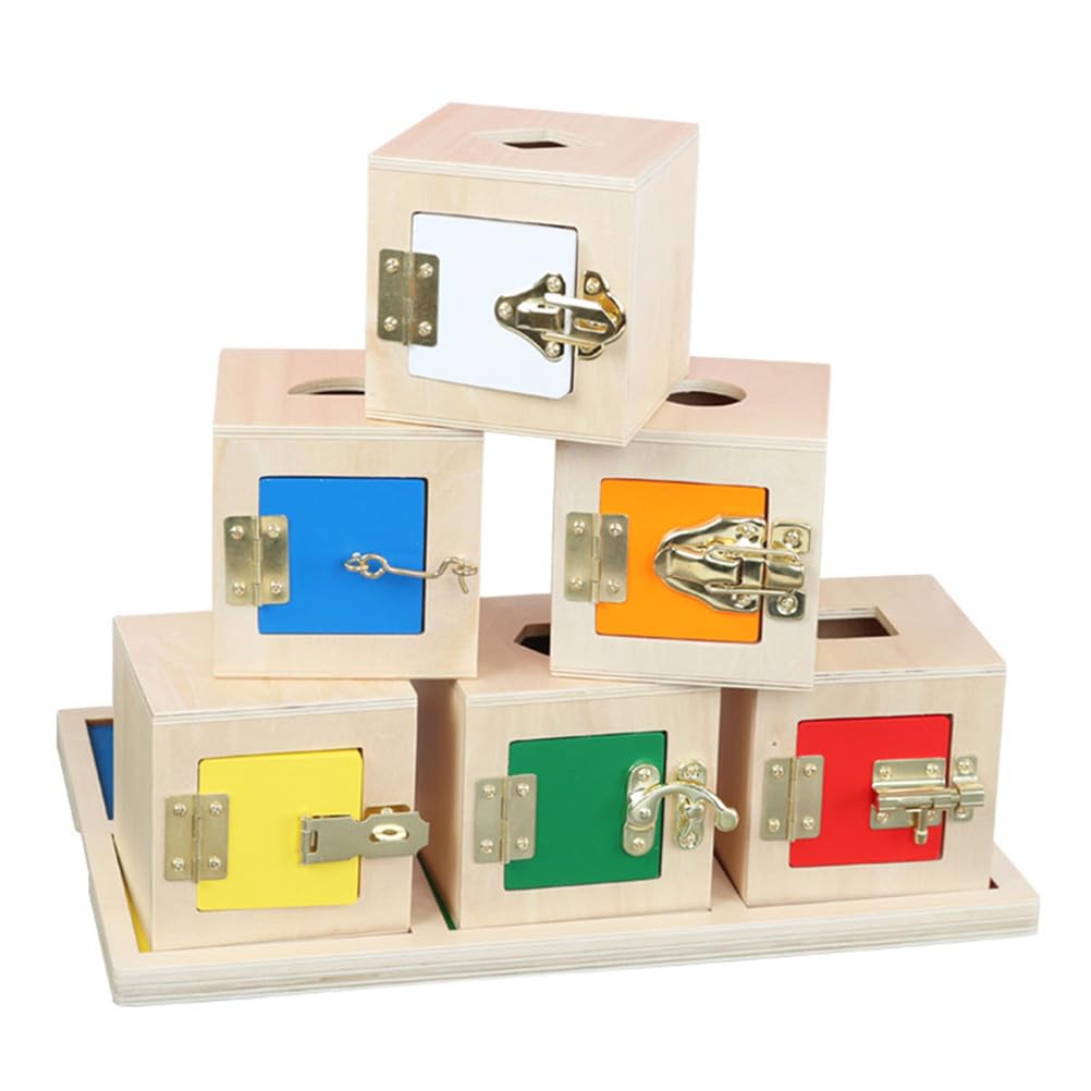 Montessori Separates Schließfach-Set, 6 Holzfarbige Schlosswürfel