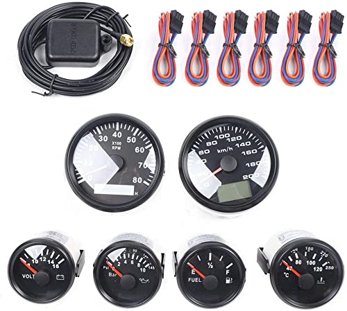 6 Gauge Set w/GPS Speedometer Tachometer Classic Electrical 6 Gauge Set for Car Marine Boat Truck Gauges (Speedometer Tachometer Oil Level Gauge Oil Pressure Gauge Volt Gauge Water Temperature Gauge)