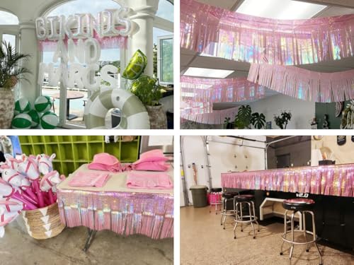 Image of 4 Pack Iridescent Pink Total 40 Feet Foil Fringe Garland Metallic Tinsel Banner Wall Hanging Drapes Parade Float Skirting Decorations for Trailer Mardi Gras Party Birthday Wedding