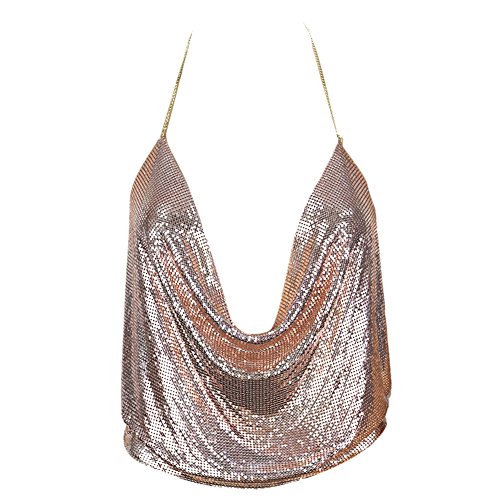 ZUMUii Butterme Sexy catena V profonda delle donne sexy profonda catena V Halter maniche Backless metallo Vest paillettes CroWomen Halter maniche Backless metallo Crop Top Club Wearp Top Club Wear