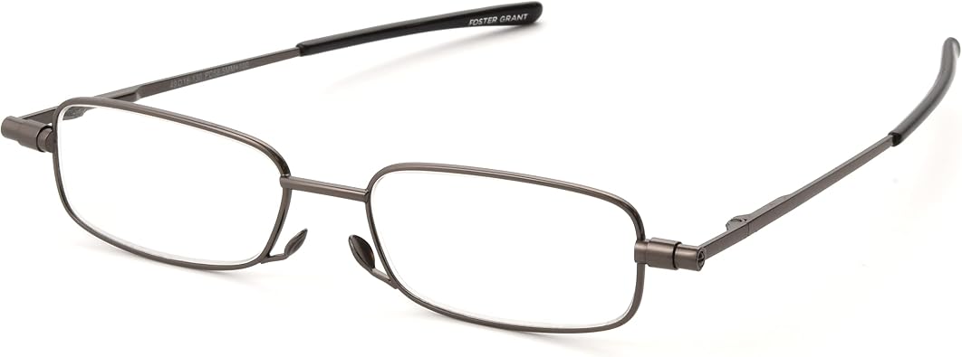 Foster Grant Gavin Fold Flat Rectangular Reading Glasses, Gunmetal/Transparent, 48 mm + 3
