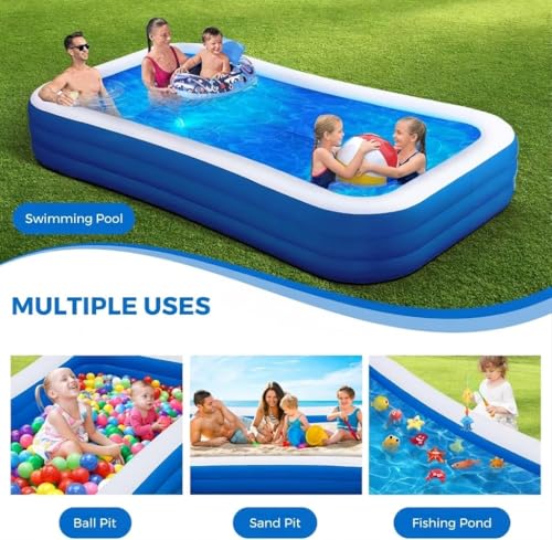 Image of 10ft Inflatable Swimming Pool for Adults & Kids | Large Rectangular Family Pool | Thickened Durable PVC Material, 3 Air Chambers | Portable Blow Up Pool for Backyard, Garden & Summer Fun