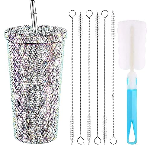 500ml Diamond Water Bottle Bling Stainless Steel Vacuum Thermal Straw Tumbler Rhinestone Tumbler with Brush Lid Glitter Diamond Studded Cups for Women Hot Coffee Cold Drinks (Silver)