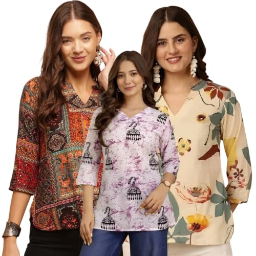 Image of Women's Printed Short Kurti Tops Rayon Cotton Blend Tunic Combo