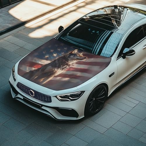 Image of American Flag Wolf Car Hood Cover All Weather Automotive Exterior Accessories Universal Fit Hood Covers for Cars, Trucks, SUV, or Van Full Coverage with Elastic Band