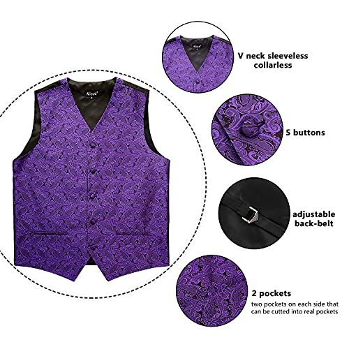 Alizeal Mens Paisley Suit Vest, Self-Tied Bow Tie, 3.35Inch(8.5Cm) Necktie And Pocket Square Set, Dark Purple-Xl #TOP4