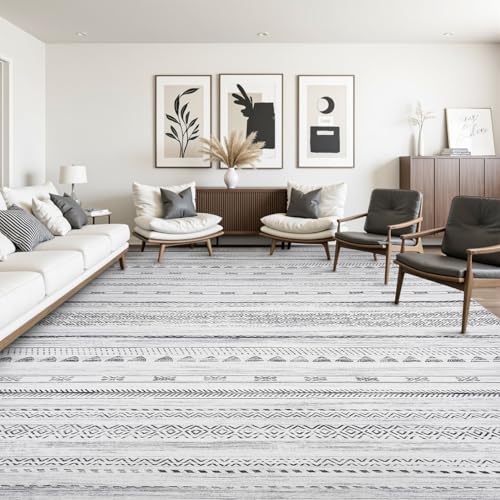 10x14 Area Rugs for Living Room Machine Washable Rug Distressed Indoor Carpet Neutral Moroccan Boho Rug Ultra Soft Area Rug for Bedroom Dining Room Playroom Office, Black Black 10' x 14' (Re