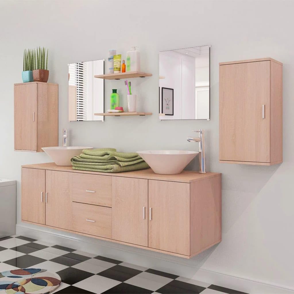 Hothingwell 11-częściowa szafka łazienkowa z szafką pod umywalkę, 2 szafki ścienne, 2 lustra, półki, umywalki ceramiczne i chromowane krany, pełne przechowywanie beżowy