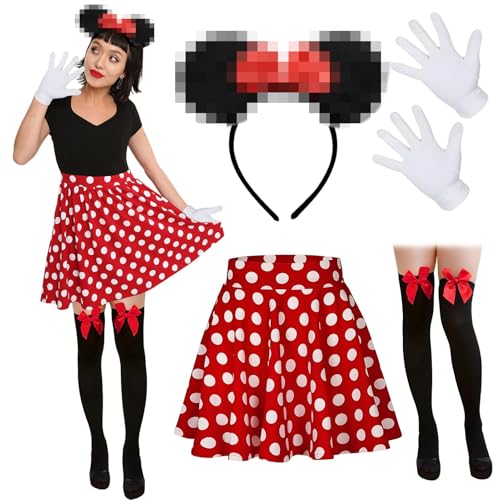 Meanju Mouse Faschingskostüme Damen Mit Weiß Gepunktet Pailletten Haarreifen+Faltenrock+Overknee Strümpfe+Handschuhe Für Kostümparty, Fasching,...