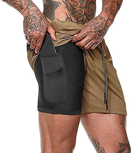 Malavita Men's Workout Running Shorts 2 in 1 with Zipper Pockets Khaki Small