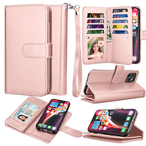 Takfox Wallet Phone Case Compatible with iPhone 12 / iPhone 12 Pro 6.1 Wallet PU Leather Mutiple ID Credit Card Slots Holder Folio Flip Kickstand Detachable Magnetic Phone Case & Wrist Strap-Rose Gold