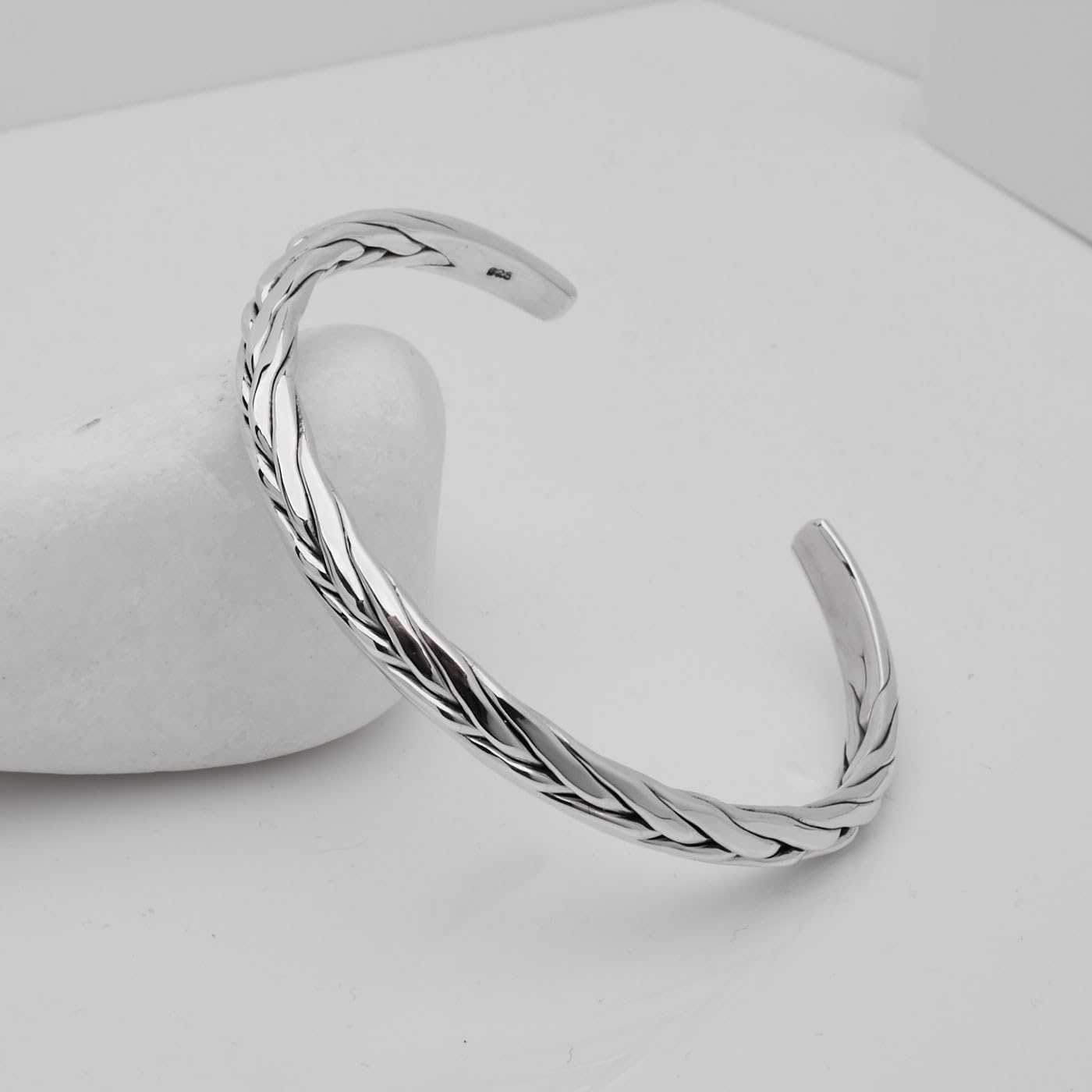 Mens Silver Bangle Bracelet - Solid 925 Sterling Silver Bangle for Men - Flat Torque Style Silver Bangle