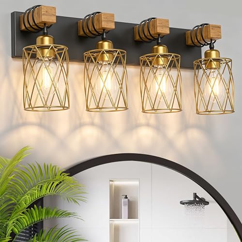 Image of IZORRO Farmhouse Bathroom Vanity Light, 4-Light Wood Bathroom Light Fixtures Over Mirror, Black and Gold Industrial Vanity Lights with Metal Shade, Rustic Restroom Lighting Fixtures