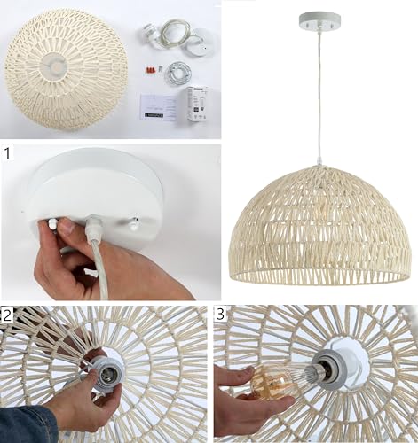 Image of JONATHAN Y 8.25 inch Black Modern Bohemian Woven Rope LED Pendant Light Fixture, Adjustable Dome Ceiling Lamp for Kitchen Island, Rope Shade, Coastal Farmhouse Decor (JYL6512B)
