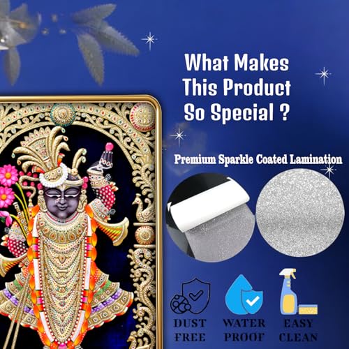 Image of Dharvika Innovations Shrinathji photo frame for wall decoration, paintings for living room, golden slim frame with sparkle coated lamination, painting wall decoration 2415 (12x18 Inch) (Without Glass)