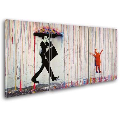 Giallobus - Cuadros de Gran Formato XXL - Banksy - Arte Callejero - Lluvia de Colores - Lienzo - 218x100cm | 3pcs. x 70x100cm - Cuadros Modernos