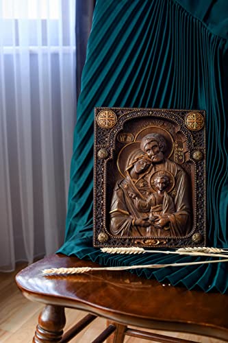 Handmade Wooden Holy Family - Wood Carved Nativity Icon - 10 X 12 Inches Made Of Natural Oak - Wall Hanging Christian Wall Art #TOP1