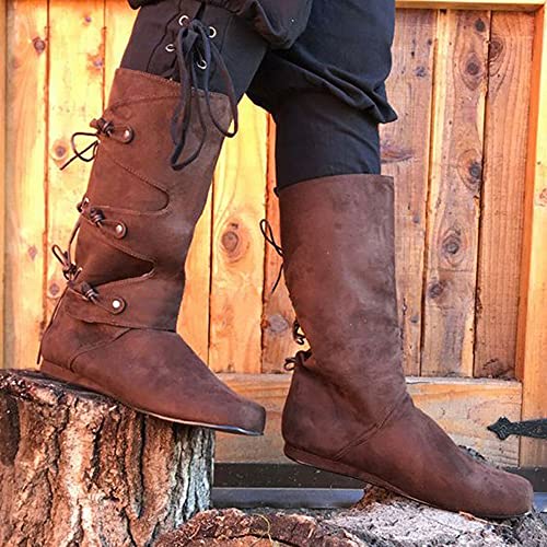 TZH 1 Paire De Chaussures Médiévales Bottes en Cuir PU Gothique Rétro Chevalier Chaussures De Botte De Longueur Au Genou Réglables À Fond Plat pour Hommes Femmes,Marron,44 Cover