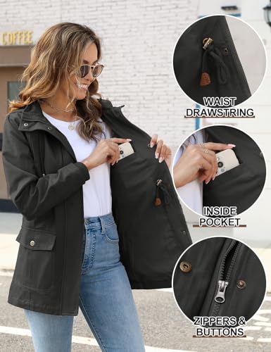 Vancavoo Übergangsjacke Damen Jacke Outdoor Kurzmantel Frühjahr Elegant Frühjahrsjacke Leichte Gefütterte Winterjacke Baumwolle Parka mit Kapuze mit Kordelzug für Frühling Sommer Herbst,Grau,M