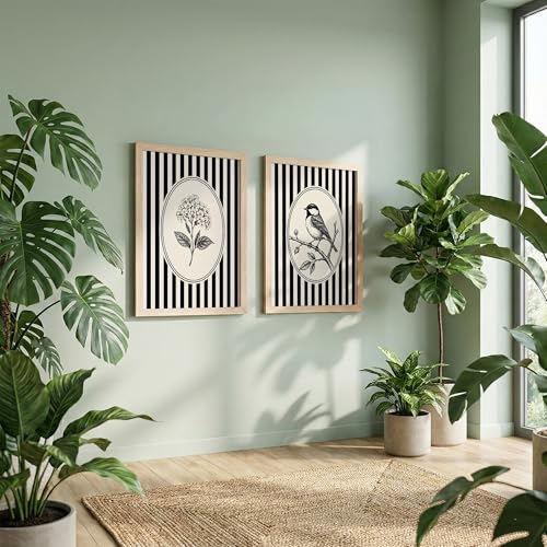 Image of NoWorries Vintage Botanical Bird & Floral Wall Art Prints Set of 2, Black and White Striped Gallery Wall Decor, Minimalist Farmhouse Bird Illustration, Framed Nature Artwork for Living Room Bedroom Office (Art-1, 10x13inch)