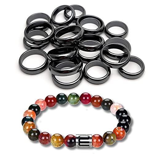 Morchic Hematite Plain Band Rings 20Pcs, Absorb Negative Energy / 7.5" Colorful Agate Stretch Bracelet
