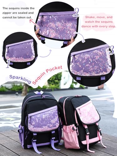 VASCHY Backpack for Girls, Cute Elementary School Bag Bookbag for Primary Schooler Kids with Sparkling Sequin Clear Pocket Black Purple3