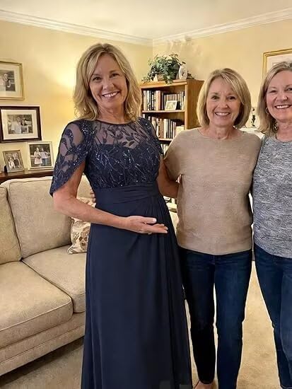 Cape Sleeves Mother of The Bride Dress Chiffon Lace Applique Ruched Formal Evening Gown