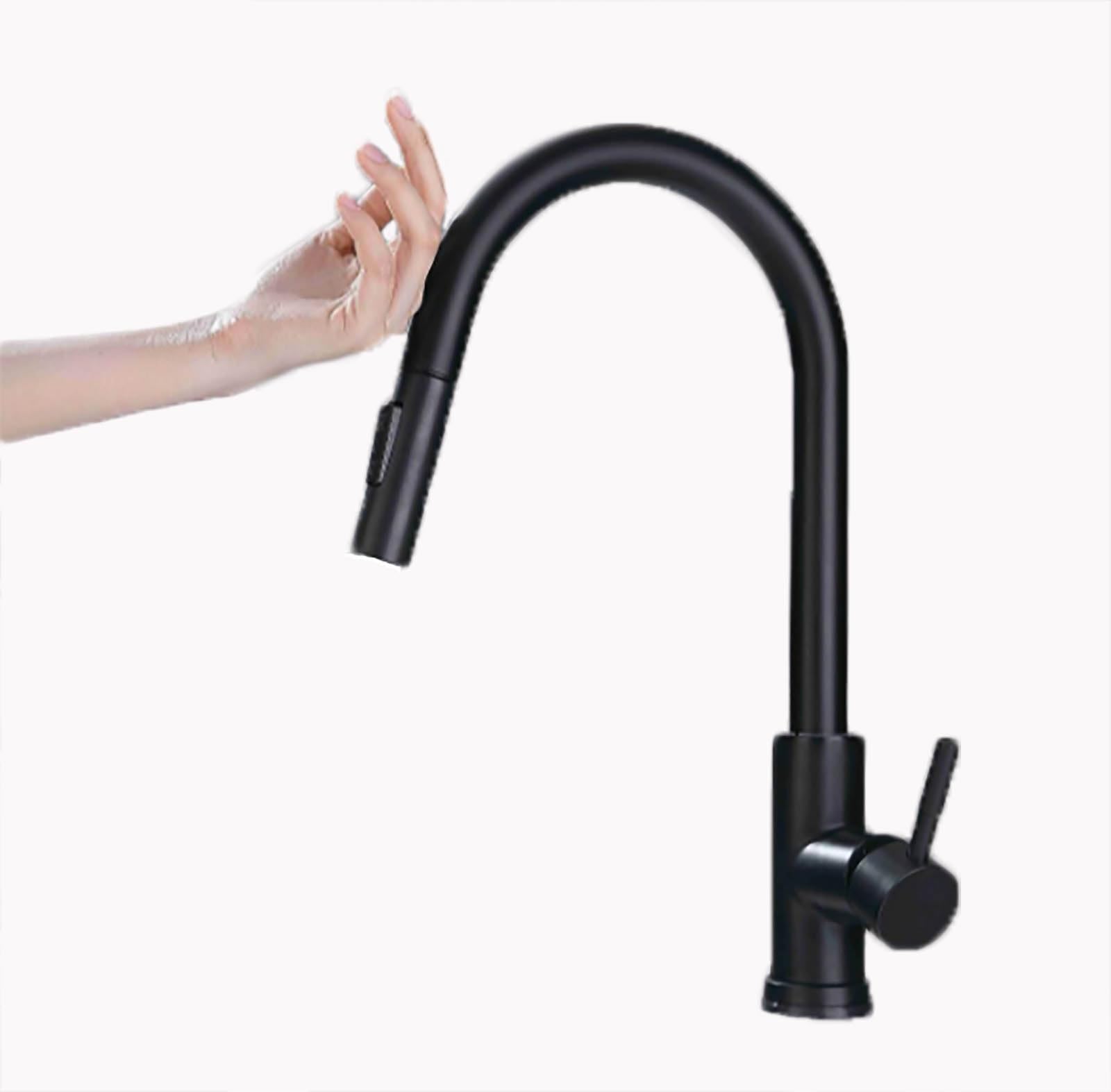 HADECOLL Touchless Kitchen Faucet With 360° Swivel Pullown Sprayer High Arc Stainless Steel Sensor Mixer Tap 2 Funct Brusheel & H Modernesign For Effortless Use,Black-One Size
