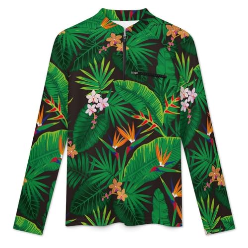 Tropical Jungle Floral Pattern Men's Rash Guard Long Sleeves Quick Dry Fishing Workout Shirts with Zipper3