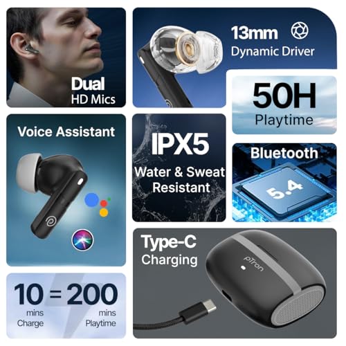 pTron Bassbuds Blaze in-Ear TWS Earbuds w/ 13mm Drivers, 50Hrs Playtime, AI-ENC Clear Calls, Bluetooth V5.4 Wireless Headphones, Touch Control, Voice Assistant, Type C Charging & IPX5 (Black & Grey)