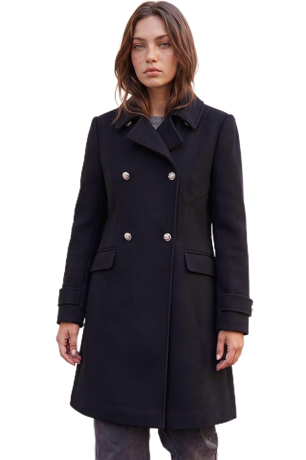 Roman Originals Women's Black Double Breasted Military Coat For Uk - Everyday Holiday Autumn Winter Long Sleeves Comfy Soft Evening Vacation Work Smart Party - Size 18