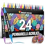 Zenacolor Pennarelli Acrilici a Doppia Punta (Fine e a Pennello) - 24 Colori per Diverse Superfici e Opere d'Arte - Pennarelli Acrilici per Dipingere Sassi