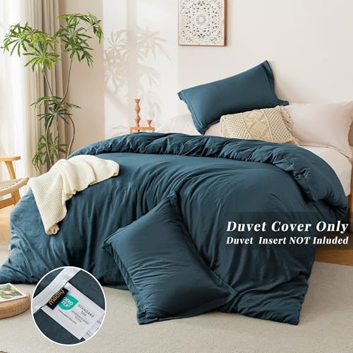 Image of MILDLY Duvet Cover Cal King Ultra Soft Bedding Set 3pcs, Peacock Blue | Washed Microfiber Cotton-Like, Breathable Comfort, Hidden Zipper, 8 Corner Ties, OEKO-TEX Certified, Fade Resistant