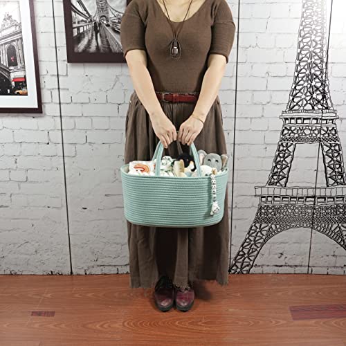 Image of XUANGUO Large Cotton Rope Baby Diaper Caddy Organizer Basket Light Green | Nursery Storage Bin, Portable Baby Tote Bag for Changing Table or Car, Baby Shower Gifts Bag, Newborn Essentials, Registry