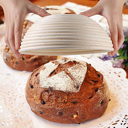 Set Of 2 9 Inch Round Bread Proofing Baskets Natural Rattan Banneton Sourdough Rising Bowl Basket With Dough Scraper + Bread Lame + Cloth Liner For Bakery Home Bakers #TOP6