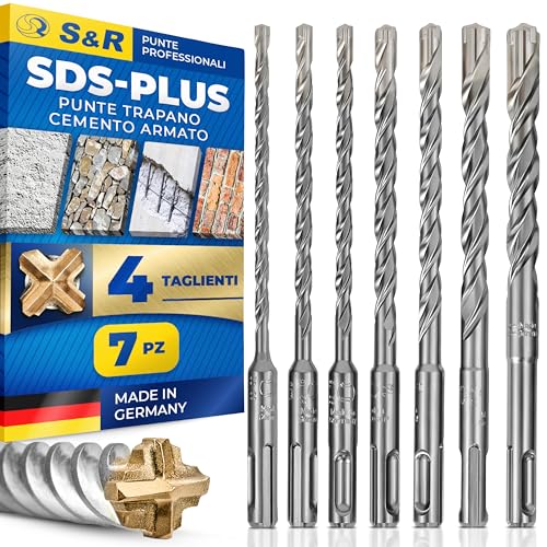 S&R Punte Trapano Muro PREMIUM SDS 4 Plus 4 taglienti. Per CEMENTO ARMATO e Muratura. 7 Punte MADE IN GERMANY 5/6/8/10/12 mm x 10 e16 cm