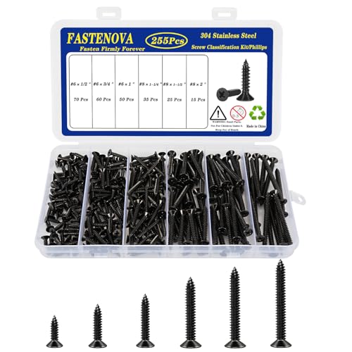 FASTENOVA 255pcs Black Wood Screws Assortment Kit, 304 Stainless Steel, Self - Tapping Phillips Drive, 6 Sizes:1/2” 3/4” 1” 1-1/4” 1-1/2” 2”